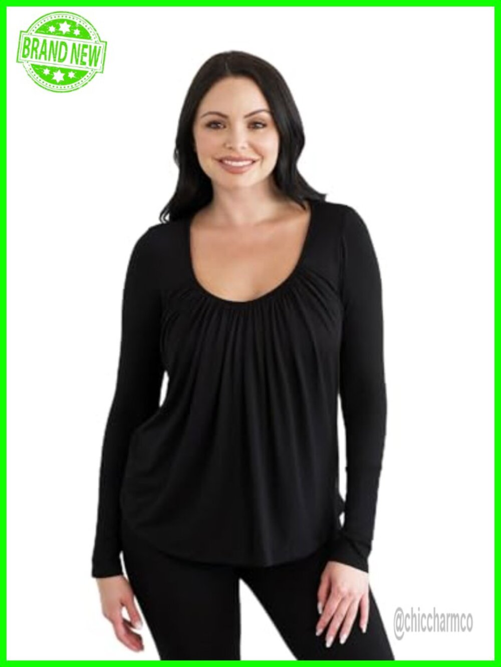 Full Moon Top Long Sleeve Scoop Neck Loose Fitting Built In Shelf Braless